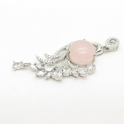 925 Sterling Silver Real Rose Quartz & Pave C Z Floral Pendant