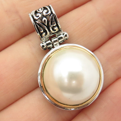 925 Sterling Silver Faux Pearl Ornate Pendant