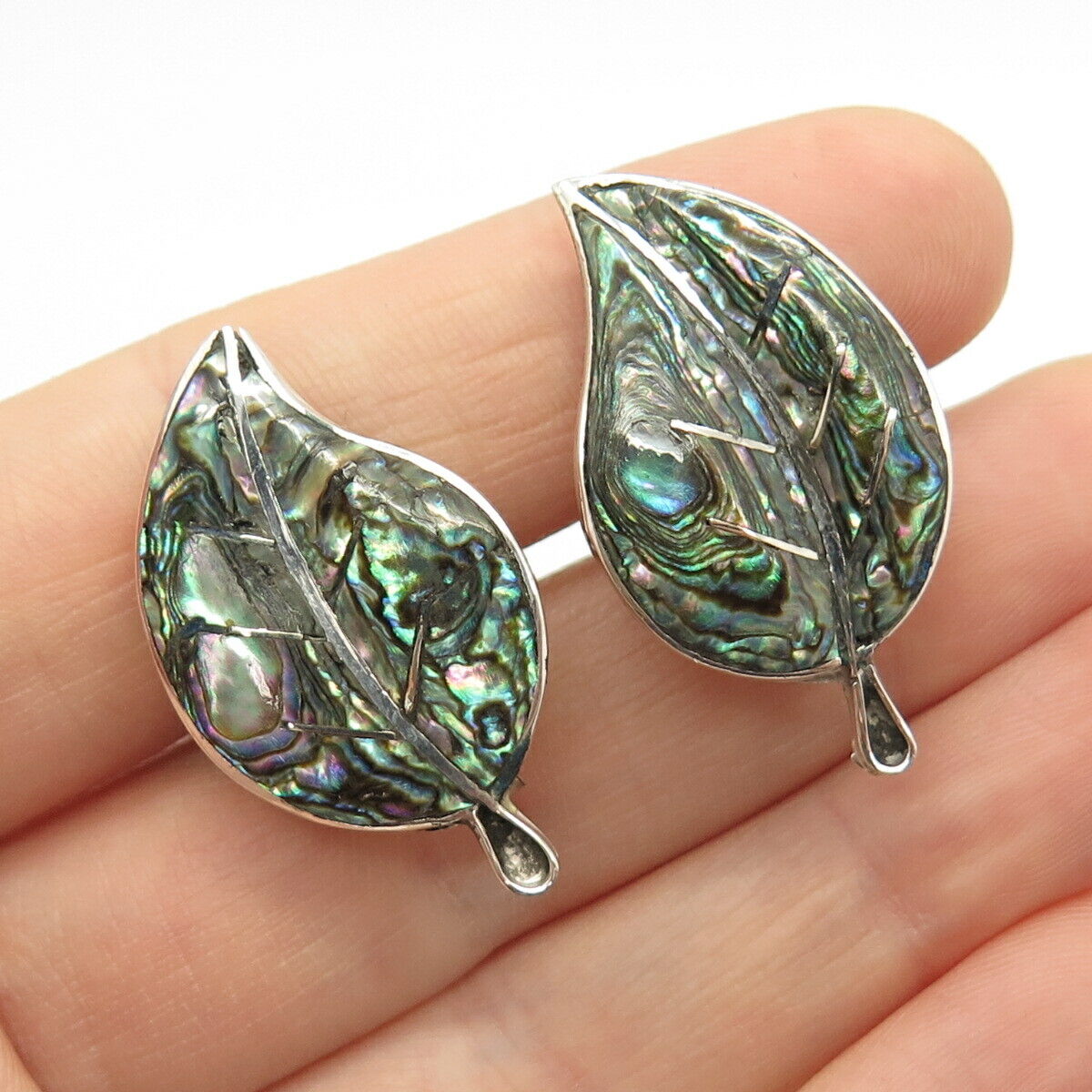 925 Sterling Silver Vintage Mexico Real Abalone Shell Leaf Screw Back Earrings