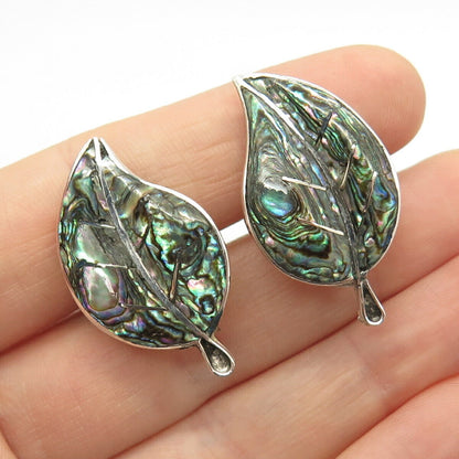 925 Sterling Silver Vintage Mexico Real Abalone Shell Leaf Screw Back Earrings