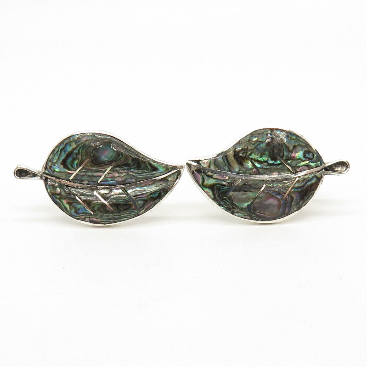 925 Sterling Silver Vintage Mexico Real Abalone Shell Leaf Screw Back Earrings