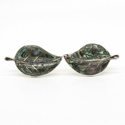 925 Sterling Silver Vintage Mexico Real Abalone Shell Leaf Screw Back Earrings