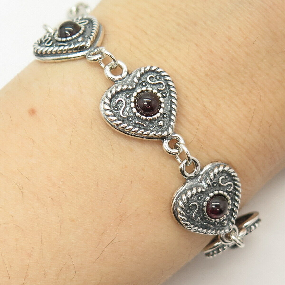 925 Sterling Silver Real Red Garnet Gemstone Heart Link Bracelet 7"