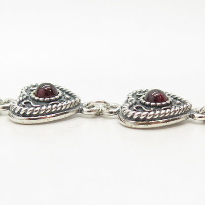 925 Sterling Silver Real Red Garnet Gemstone Heart Link Bracelet 7"