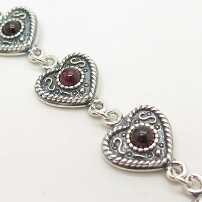 925 Sterling Silver Real Red Garnet Gemstone Heart Link Bracelet 7"