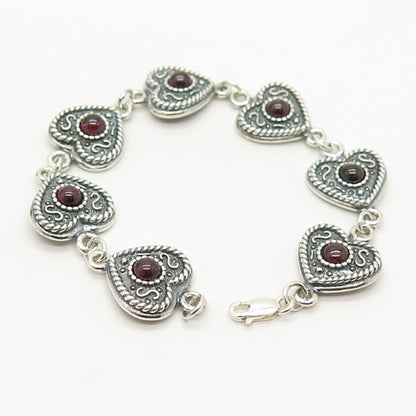 925 Sterling Silver Real Red Garnet Gemstone Heart Link Bracelet 7"