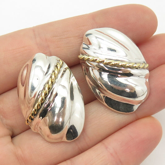 925 Sterling Silver 2-Tone Vintage Mexico Ribbed Twisted Clip On Earrings