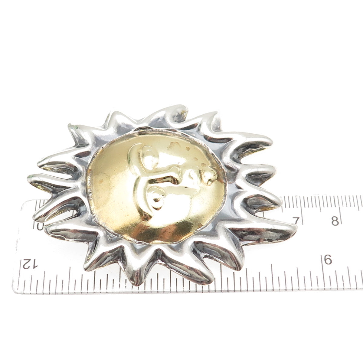 925 Sterling Silver 2-Tone Vintage Mexico Sun Face Pin Brooch