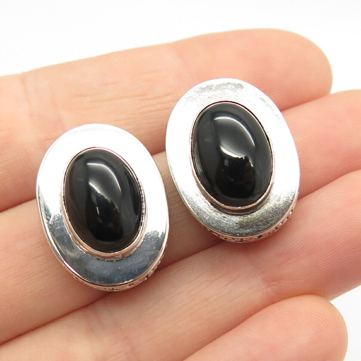 925 Sterling Silver Vintage Real Black Onyx Gem Oval Earrings