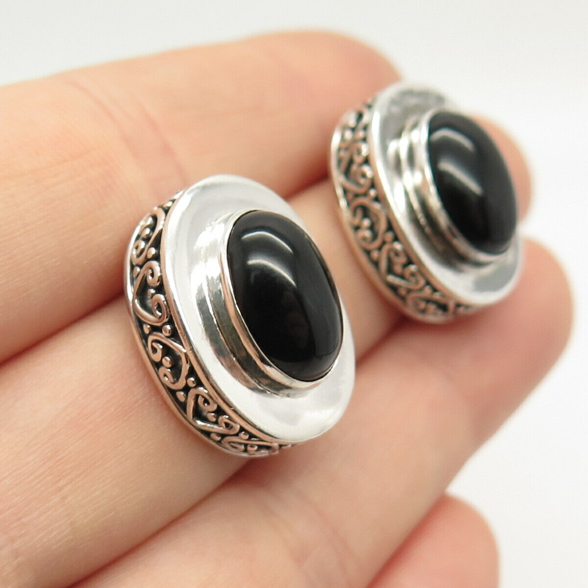 925 Sterling Silver Vintage Real Black Onyx Gem Oval Earrings