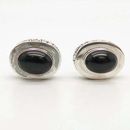 925 Sterling Silver Vintage Real Black Onyx Gem Oval Earrings