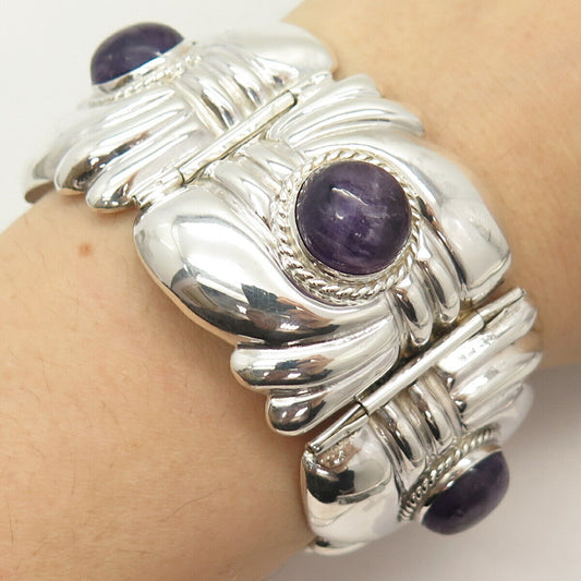 925 Sterling Silver Vintage Real Amethyst Gem Wide Panel Link Bracelet 6 3/4"