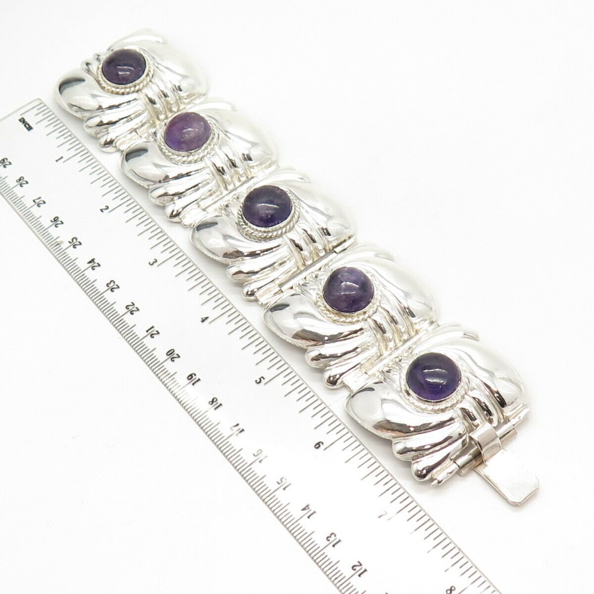 925 Sterling Silver Vintage Real Amethyst Gem Wide Panel Link Bracelet 6 3/4"