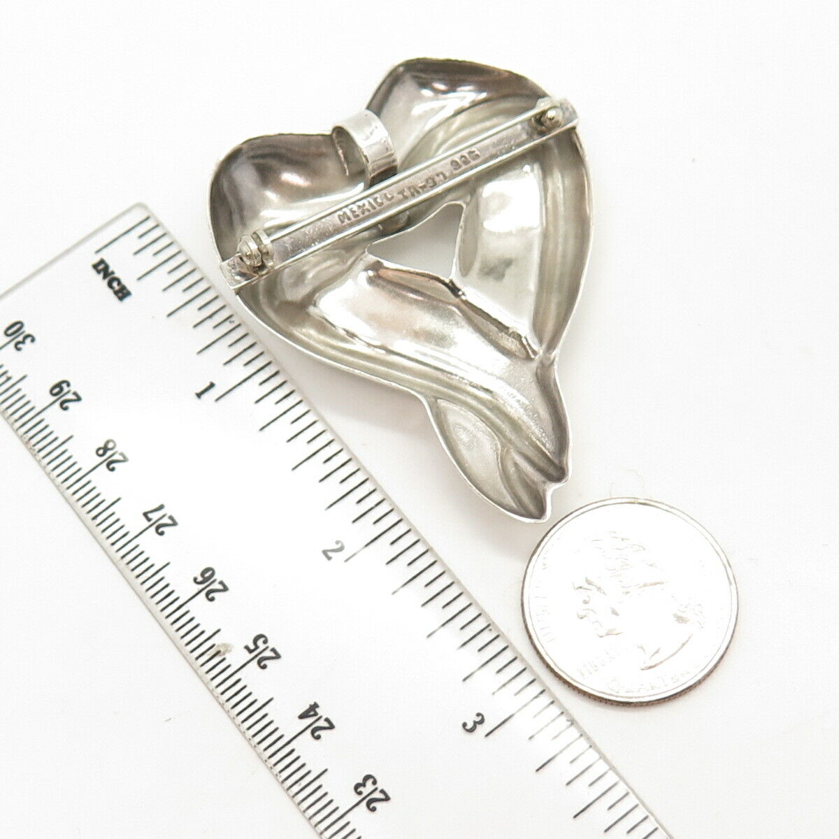 925 Sterling Silver Vintage Mexico Open Heart Hollow Pin Brooch / Pendant