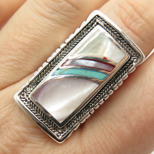 925 Sterling Silver Vintage Real MOP & Turquoise Gem Statement Ring Size 6.5