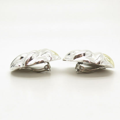 925 Sterling Silver 2-Tone Vintage Mexico Floral Hollow Clip On Earrings