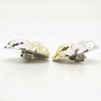 925 Sterling Silver 2-Tone Vintage Mexico Floral Hollow Clip On Earrings