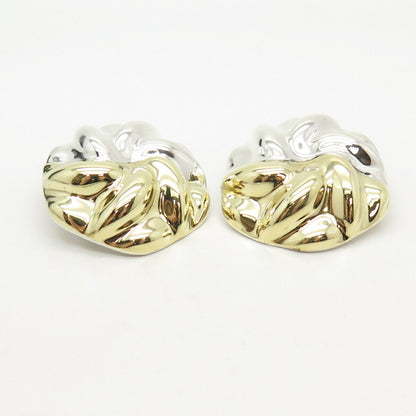 925 Sterling Silver 2-Tone Vintage Mexico Floral Hollow Clip On Earrings