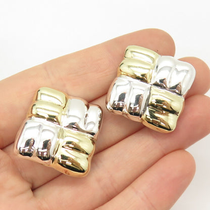 925 Sterling Silver 2-Tone Vintage Mexico Square Hollow Clip On Earrings