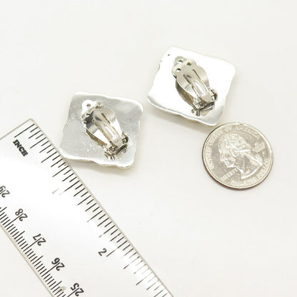 925 Sterling Silver 2-Tone Vintage Mexico Square Hollow Clip On Earrings