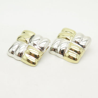 925 Sterling Silver 2-Tone Vintage Mexico Square Hollow Clip On Earrings