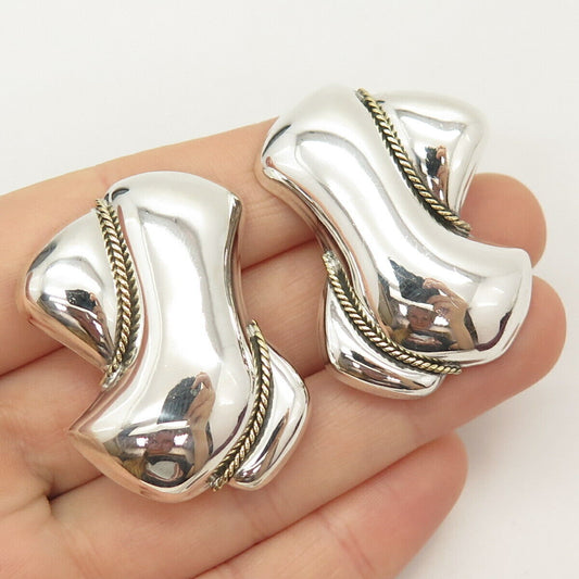 925 Sterling Silver 2-Tone Vintage Mexico Hollow Clip On Earrings