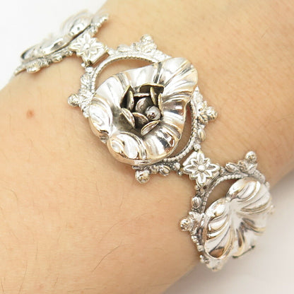 925 Sterling Silver Antique Floral Leaf Design Link Bracelet 6 3/4"