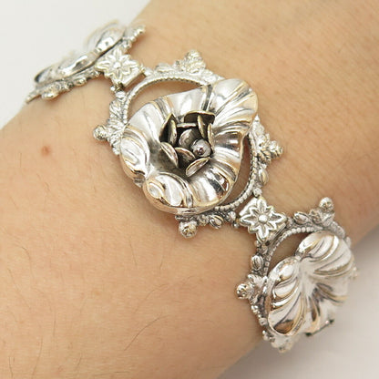 925 Sterling Silver Antique Floral Leaf Design Link Bracelet 6 3/4"