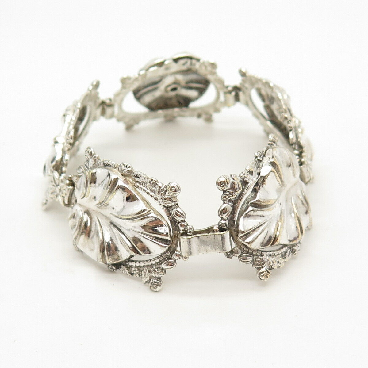 925 Sterling Silver Antique Floral Leaf Design Link Bracelet 6 3/4"