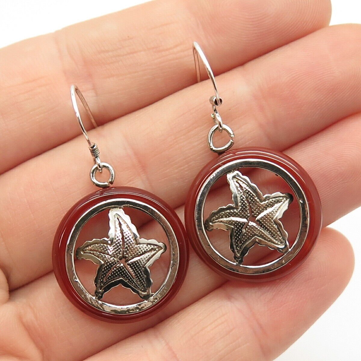 925 Sterling Silver Real Carnelian Gem Starfish / Sea Star Dangling Earrings