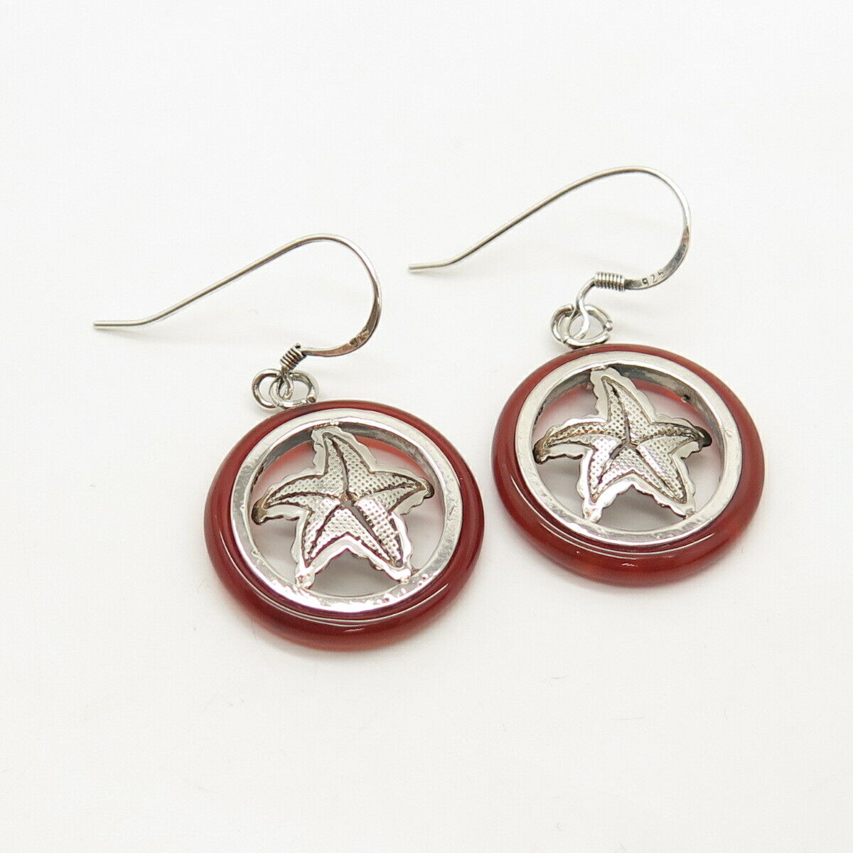 925 Sterling Silver Real Carnelian Gem Starfish / Sea Star Dangling Earrings