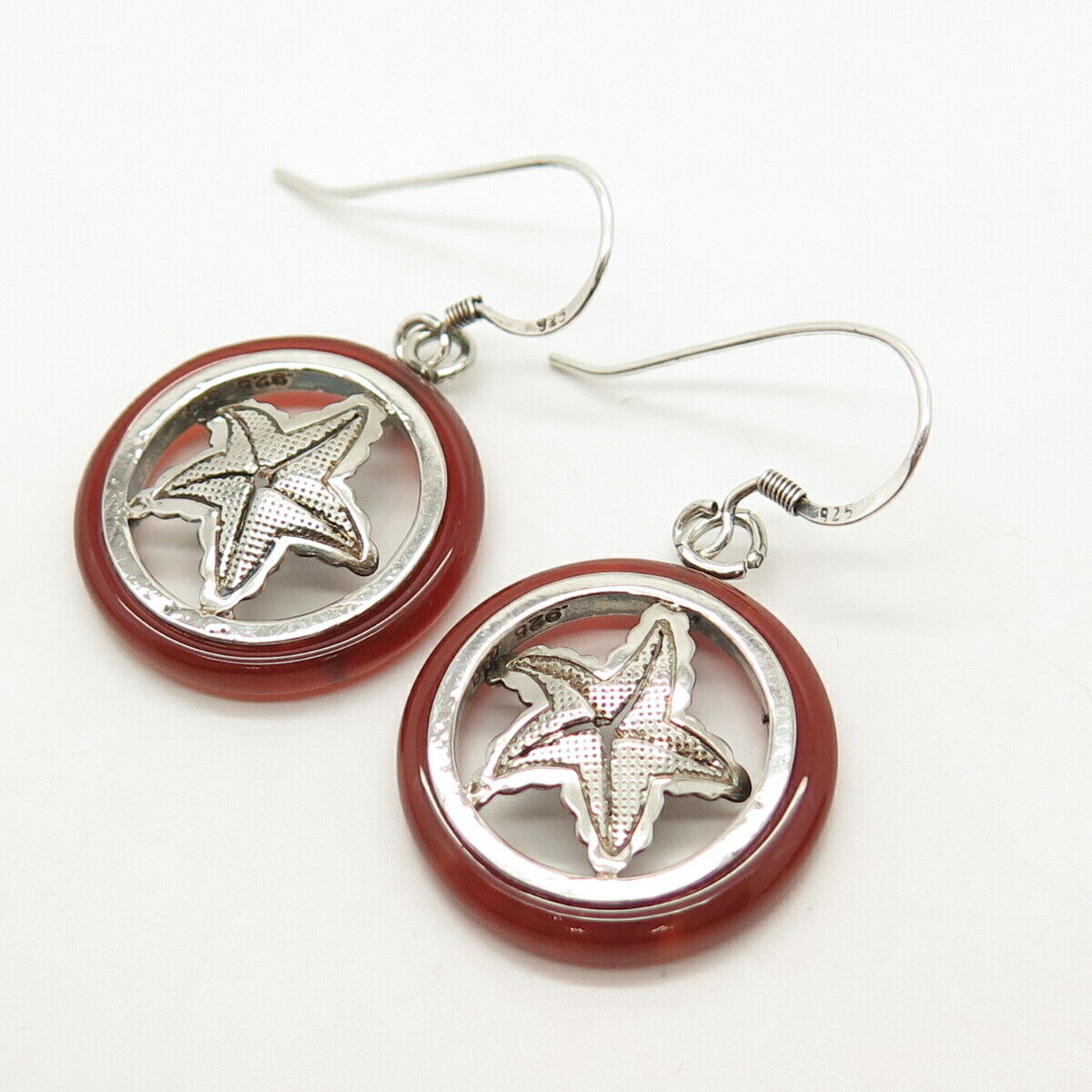 925 Sterling Silver Real Carnelian Gem Starfish / Sea Star Dangling Earrings