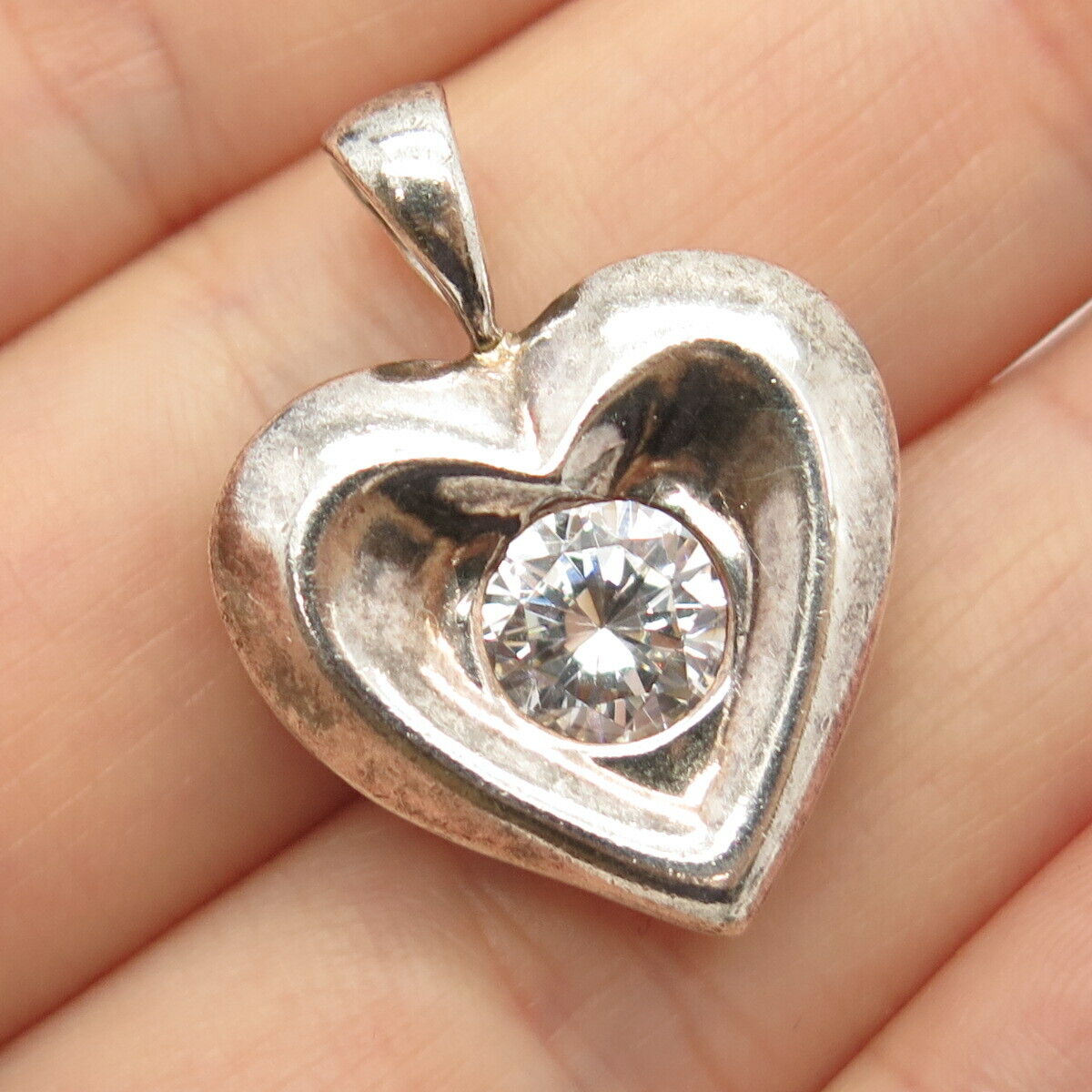 925 Sterling Silver Vintage HAN C Z Heart Pendant