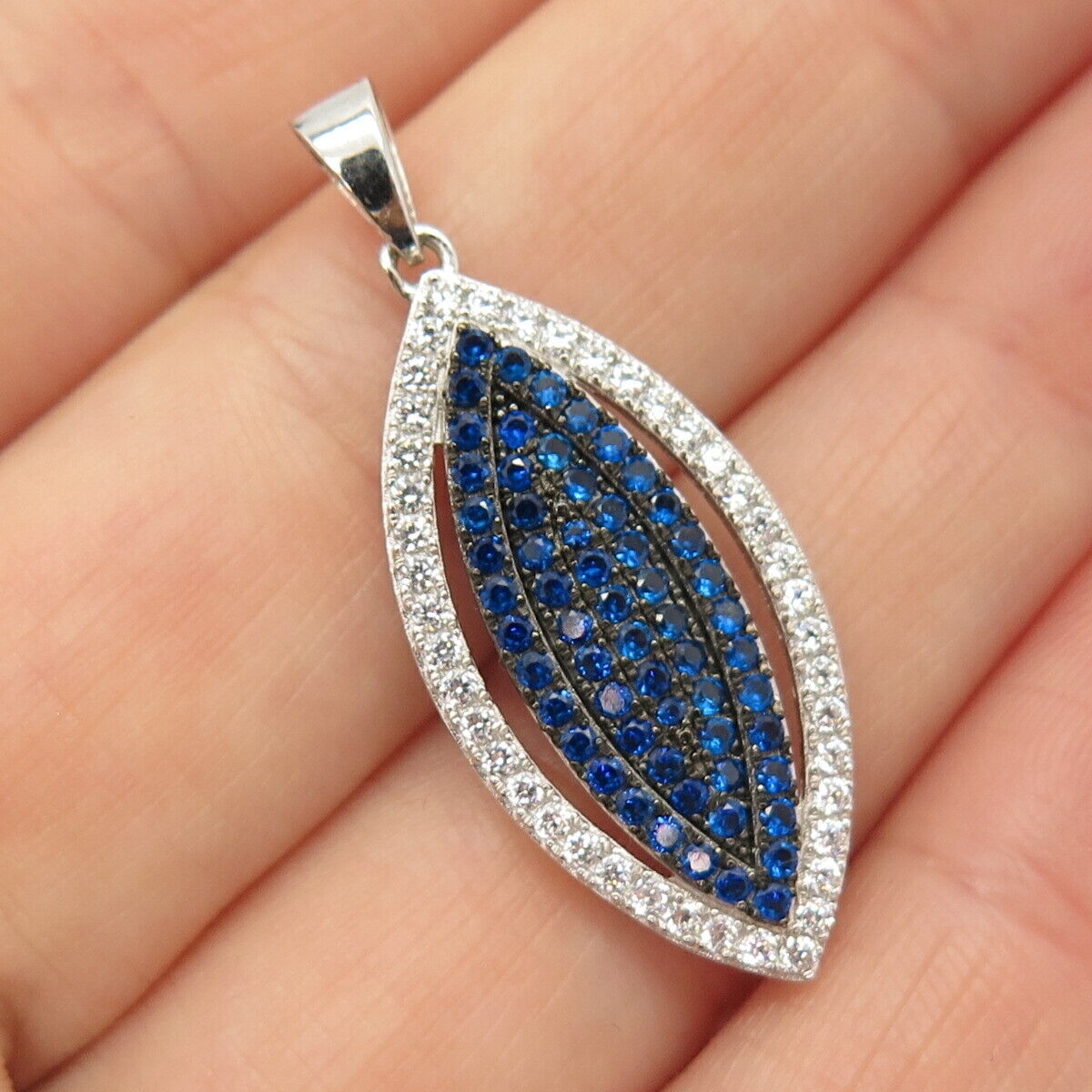 925 Sterling Silver White & Blue C Z Marquise Shape Pendant