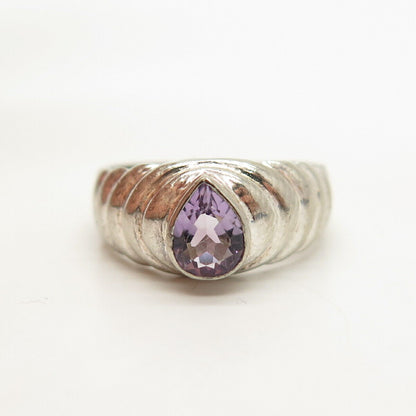 925 Sterling Silver Vintage Real Amethyst Gem Ribbed Ring Size 5