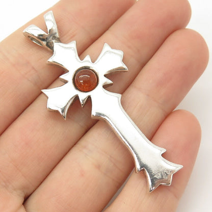 925 Sterling Silver Vintage Real Amber Cross Pendant