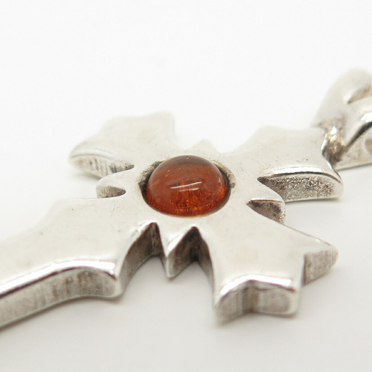 925 Sterling Silver Vintage Real Amber Cross Pendant