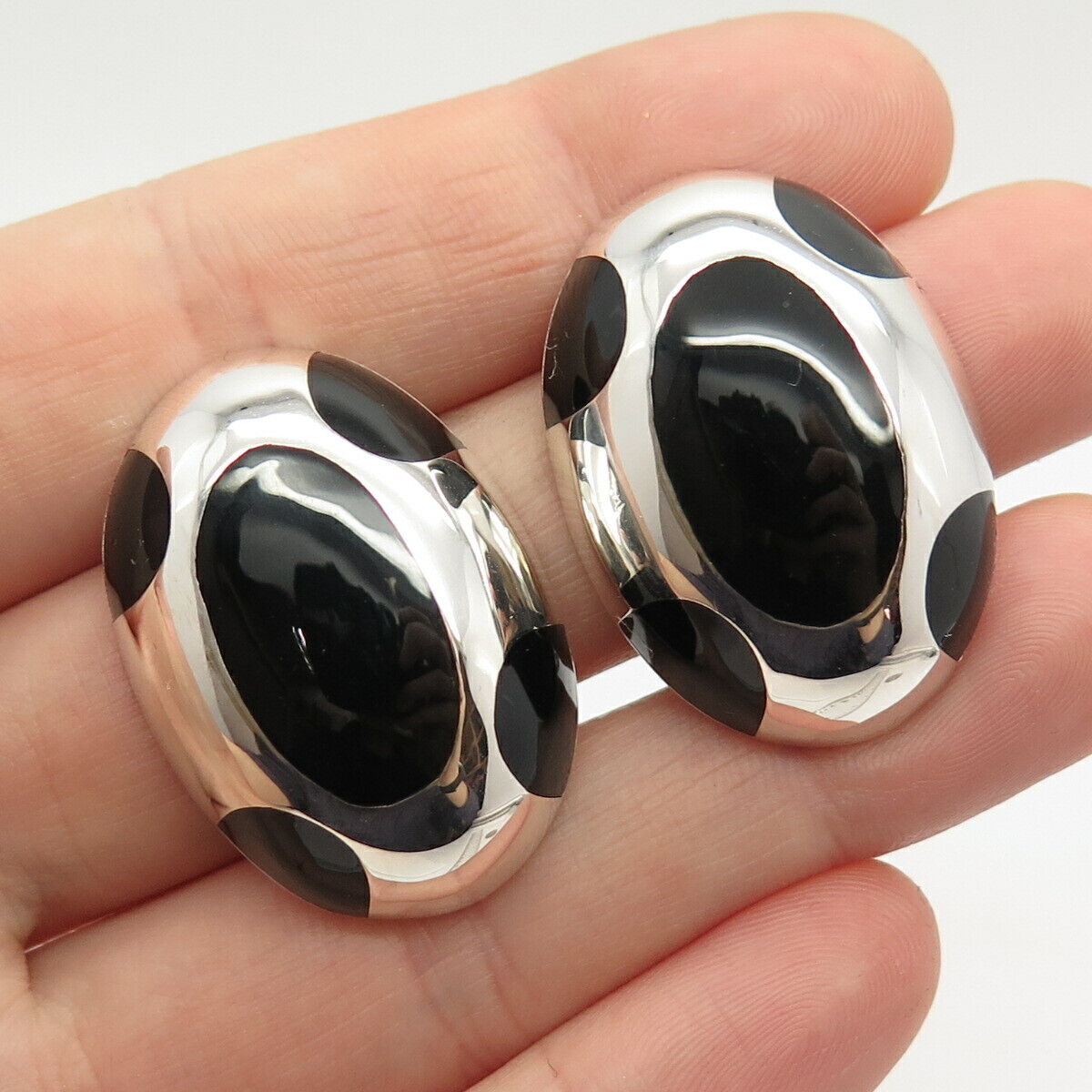 925 Sterling Silver Vintage Mexico Real Black Onyx Gemstone Clip On Earrings