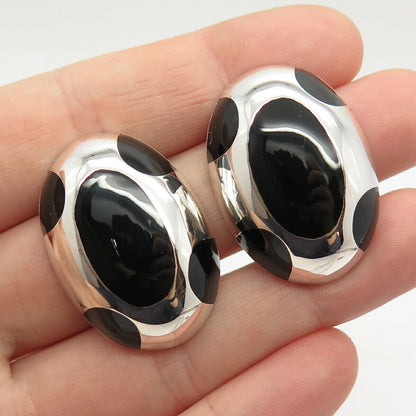 925 Sterling Silver Vintage Mexico Real Black Onyx Gemstone Clip On Earrings