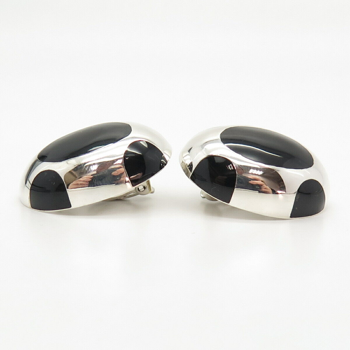 925 Sterling Silver Vintage Mexico Real Black Onyx Gemstone Clip On Earrings