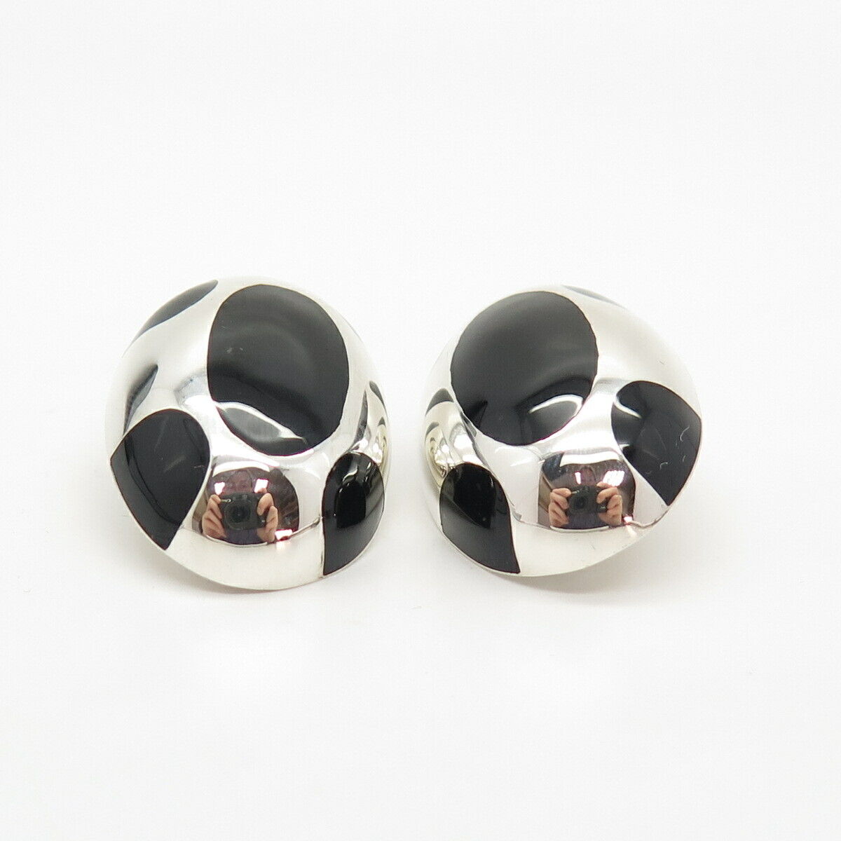 925 Sterling Silver Vintage Mexico Real Black Onyx Gemstone Clip On Earrings