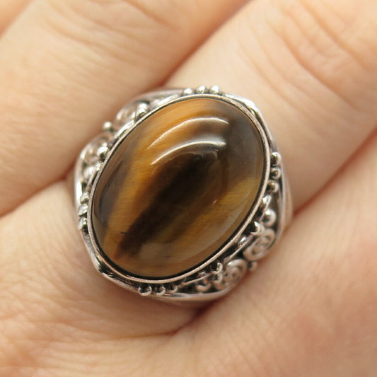 925 Sterling Silver Vintage Sajen Real Tiger Eye Gemstone Ring Size 8