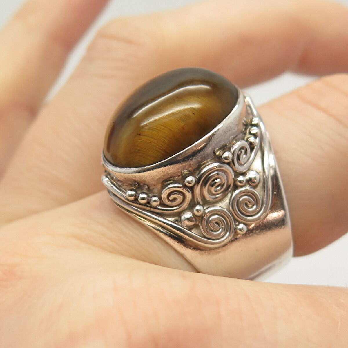 925 Sterling Silver Vintage Sajen Real Tiger Eye Gemstone Ring Size 8