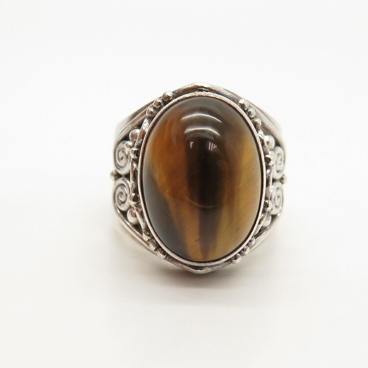 925 Sterling Silver Vintage Sajen Real Tiger Eye Gemstone Ring Size 8