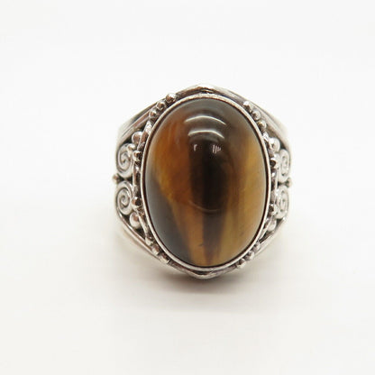 925 Sterling Silver Vintage Sajen Real Tiger Eye Gemstone Ring Size 8