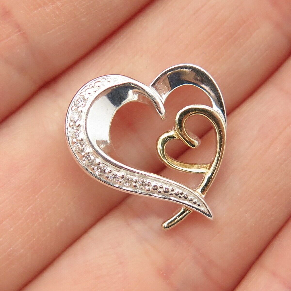 925 Sterling Silver 2-Tone Double Open Heart Slide Pendant