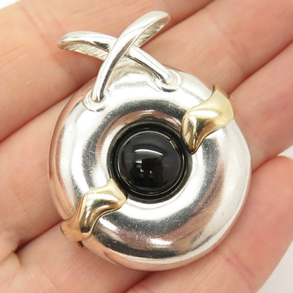 925 Sterling Silver 2-Tone Vintage Real Black Onyx Gem Slide Pendant