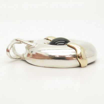 925 Sterling Silver 2-Tone Vintage Real Black Onyx Gem Slide Pendant