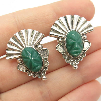 925 Sterling Silver Vintage Mexico Green Onyx Tribal Face Screw Back Earrings