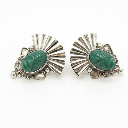 925 Sterling Silver Vintage Mexico Green Onyx Tribal Face Screw Back Earrings